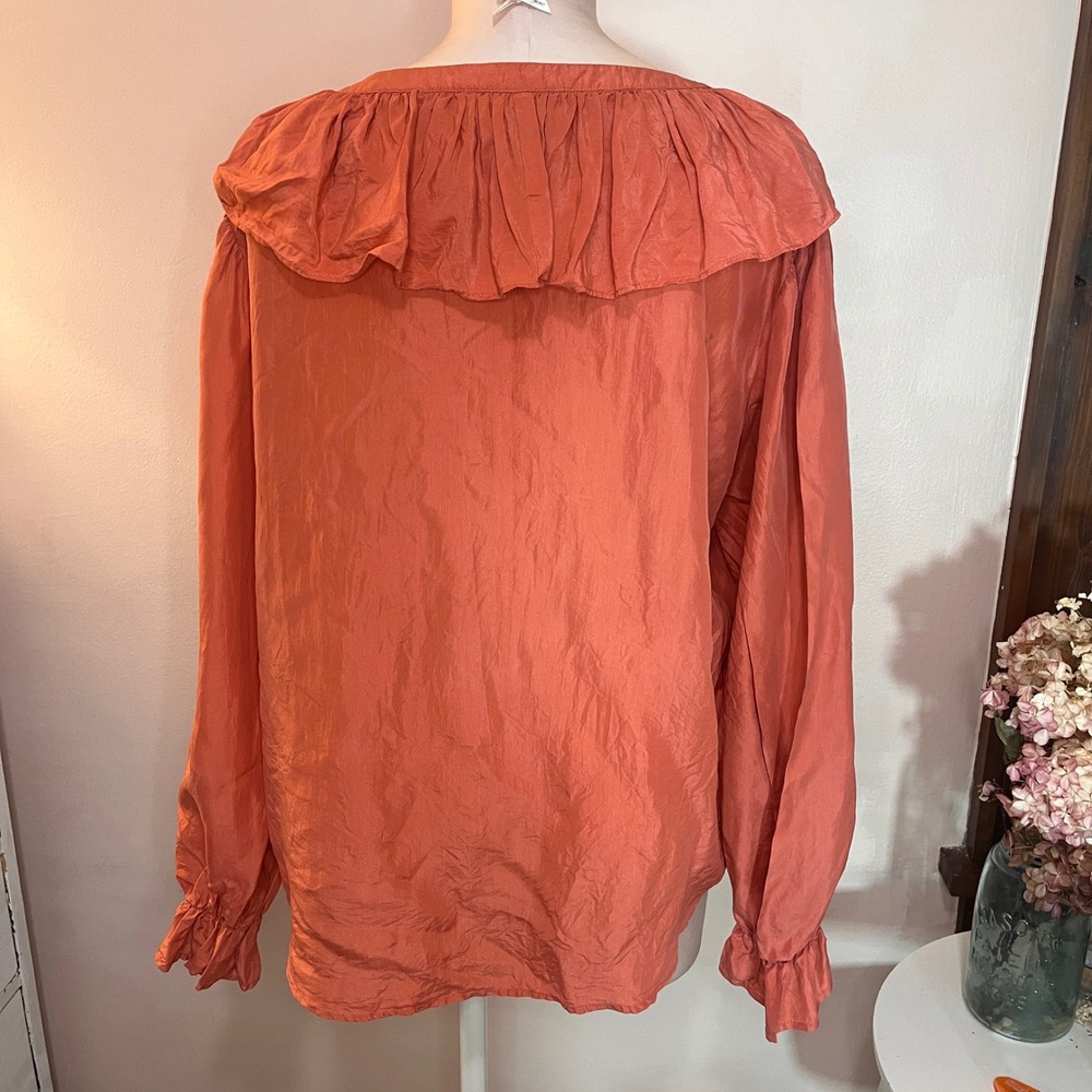 Vintage Womens Poet Edwardian Silk Ruffle Blouse Lace Up 90s Med Renaissance - Picture 2 of 13